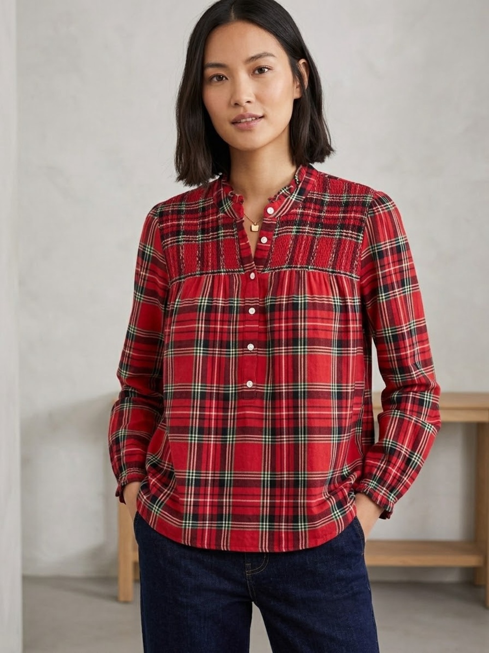 J. Crew Red Plaid Smocked Yoke Button-Down Shirt